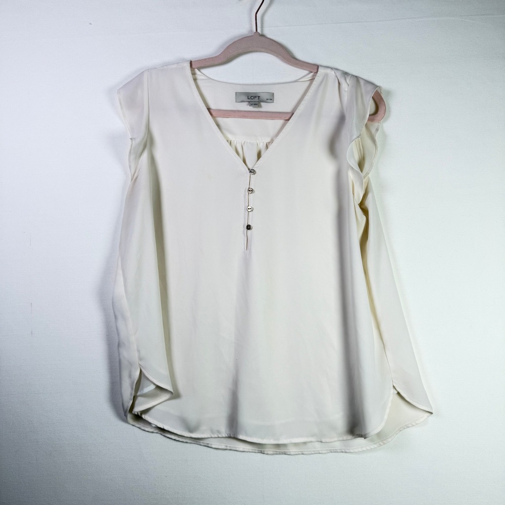 LOFT Ivory Ruffle Sleeve V-Neck Henley Blouse LP